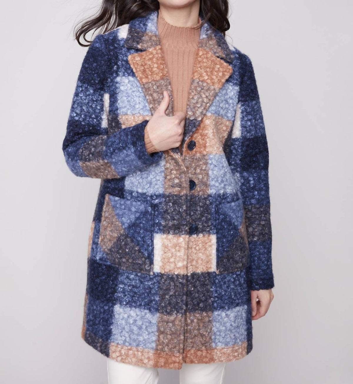 Womens Charlie B Plaid Boucle Coat in Moonlight