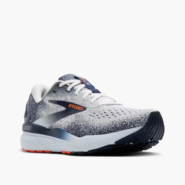 Brooks Mens Ghost 16 Running Shoe in White/Peacoat/Orange