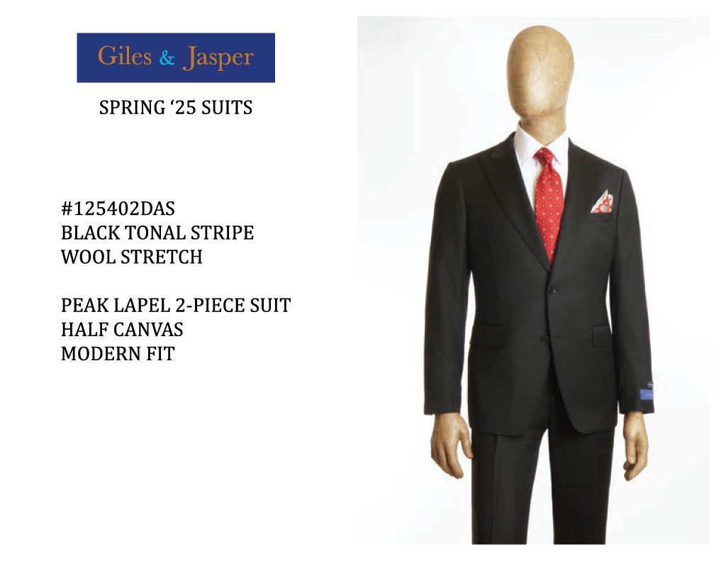 Giles & Jasper Super 100's wool Peak Lapel Suit in Black Tonal Stripe