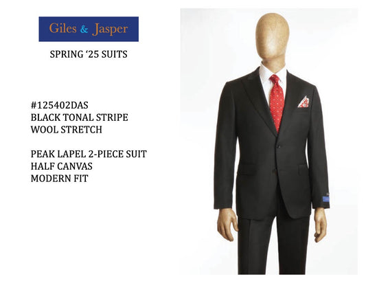 Giles & Jasper Super 100's wool Peak Lapel Suit in Black Tonal Stripe