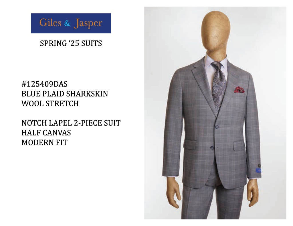 Giles & Jasper Super 100's wool Suit in Blue Plaid Sharkskin
