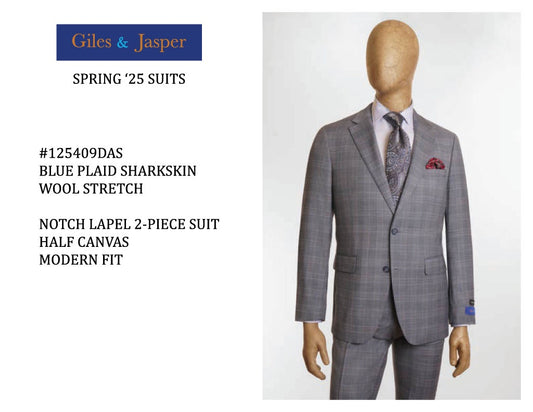 Giles & Jasper Super 100's wool Suit in Blue Plaid Sharkskin