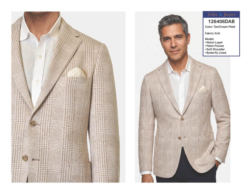 Giles and Jasper Knit Sportcoat in Tan/Cream Plaid