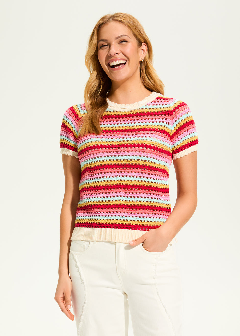 Womens FDJ Crochet Knit Top in Multi Stripe