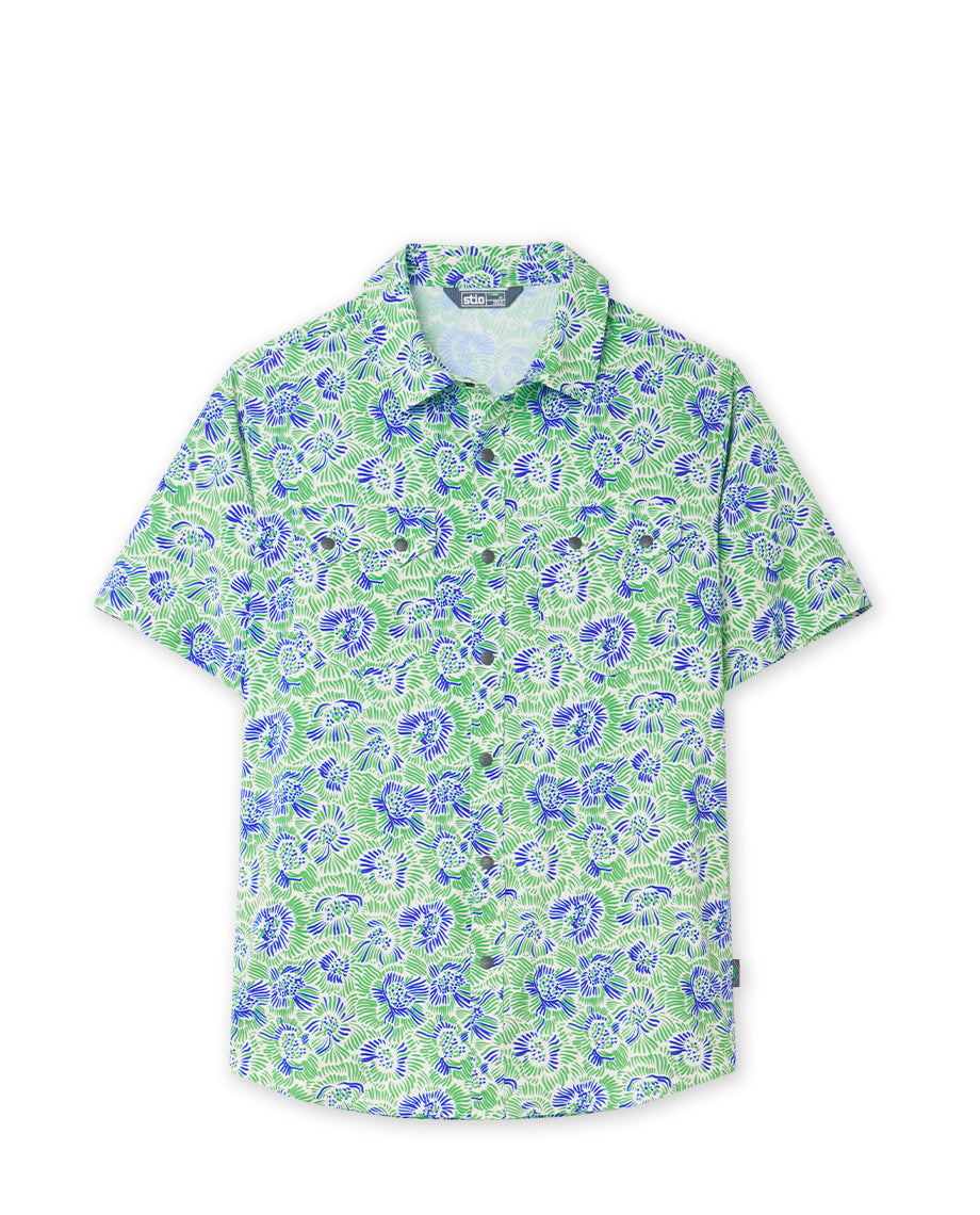 Stio Mens Shifter Short Sleeve Sportshirt in Poison Green Blooms