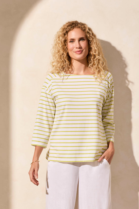 Womens Stripe Jersey Boat Neck Top in Avocado