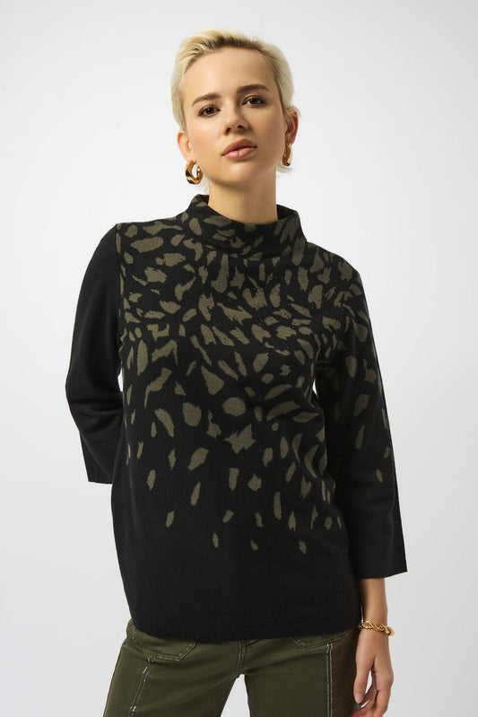 Womens Joseph Ribkoff Animal Print Mock Neck Pullover in Black/Avocado