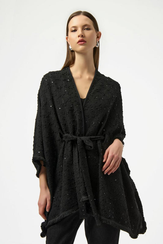 Womens Joseph Ribkoff Sequined Bouclé Knit Belted Poncho in Black