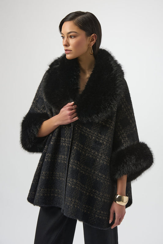 Womens Joseph Ribkoff Plaid Fur Collar Coat in Black