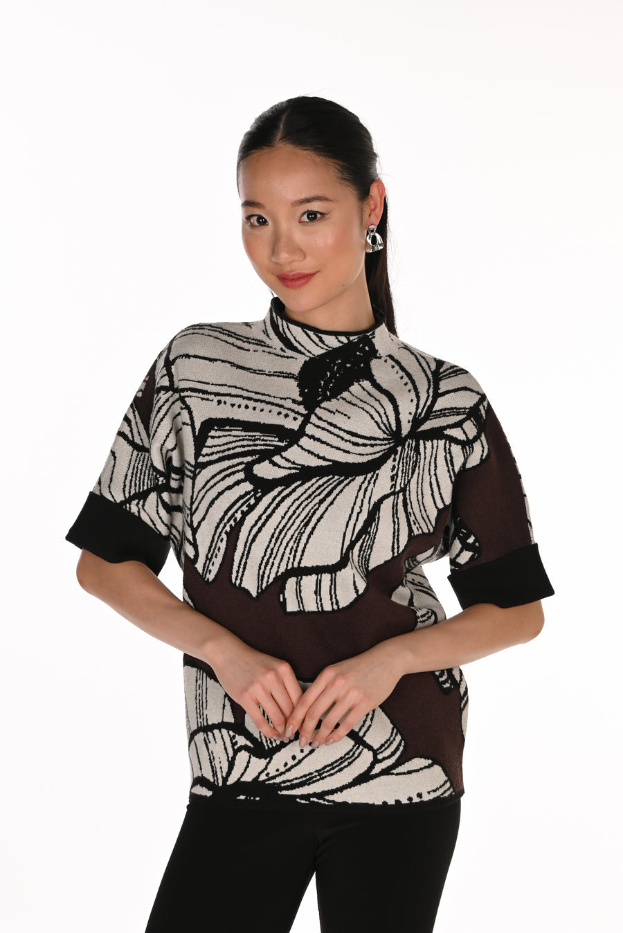Womens Frank Lyman Floral High Neck Pullover in Brown/Off White