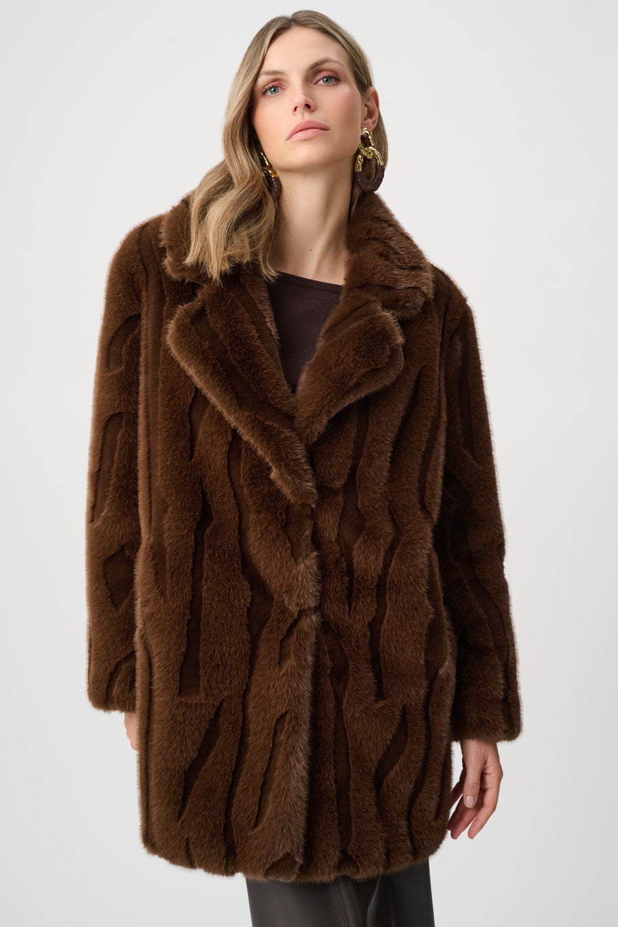 Womens Joseph Ribkoff Faux Fir Notch Collared Coat in Brown