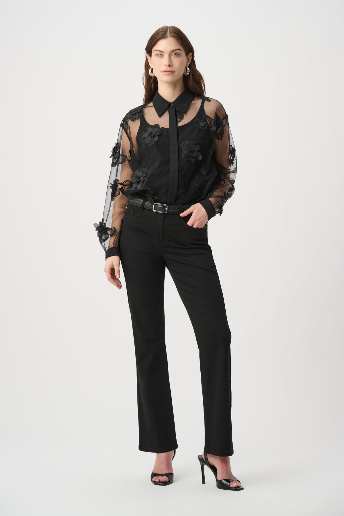 Womens Joseph Ribkoff Floral Embroidered Long Sleeve Top in Black
