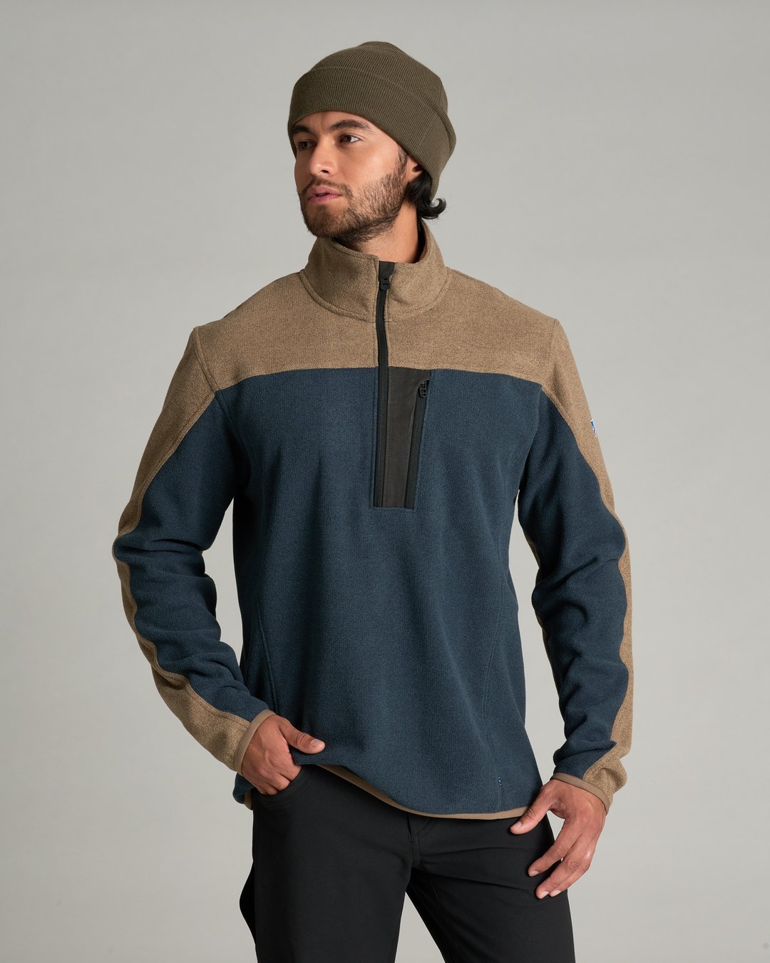 Kuhl Mens Skorchr Fleece Quarter Zip in Khaki/Storm Blue
