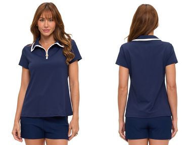 Womens Aryeh Zip Up Polo Top in Navy