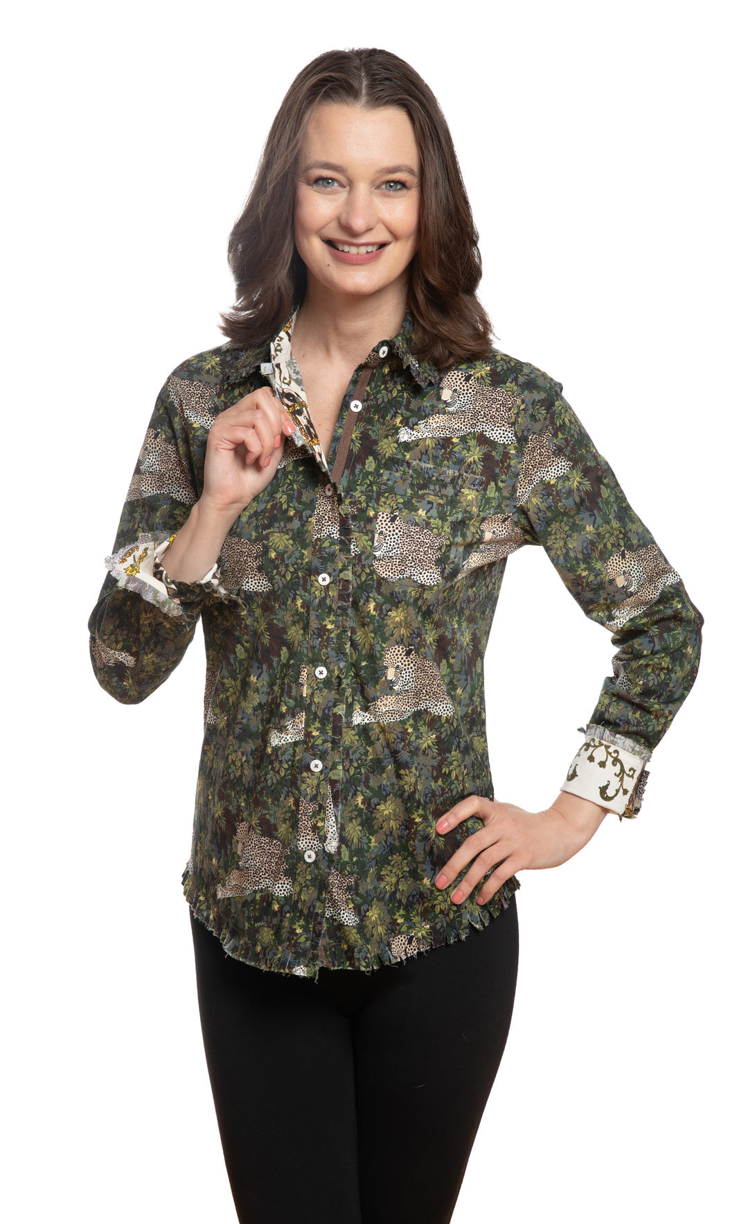 Womens Dizzy Lizzie Cape Code Button Up Shirt in Cheetah in Grass Print