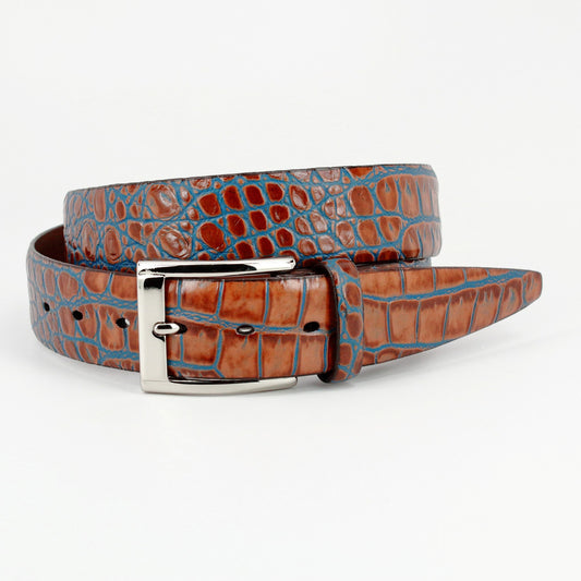 Torino Belts Faux Crocodile Embossed Calfskin Belt in Tan/Blue