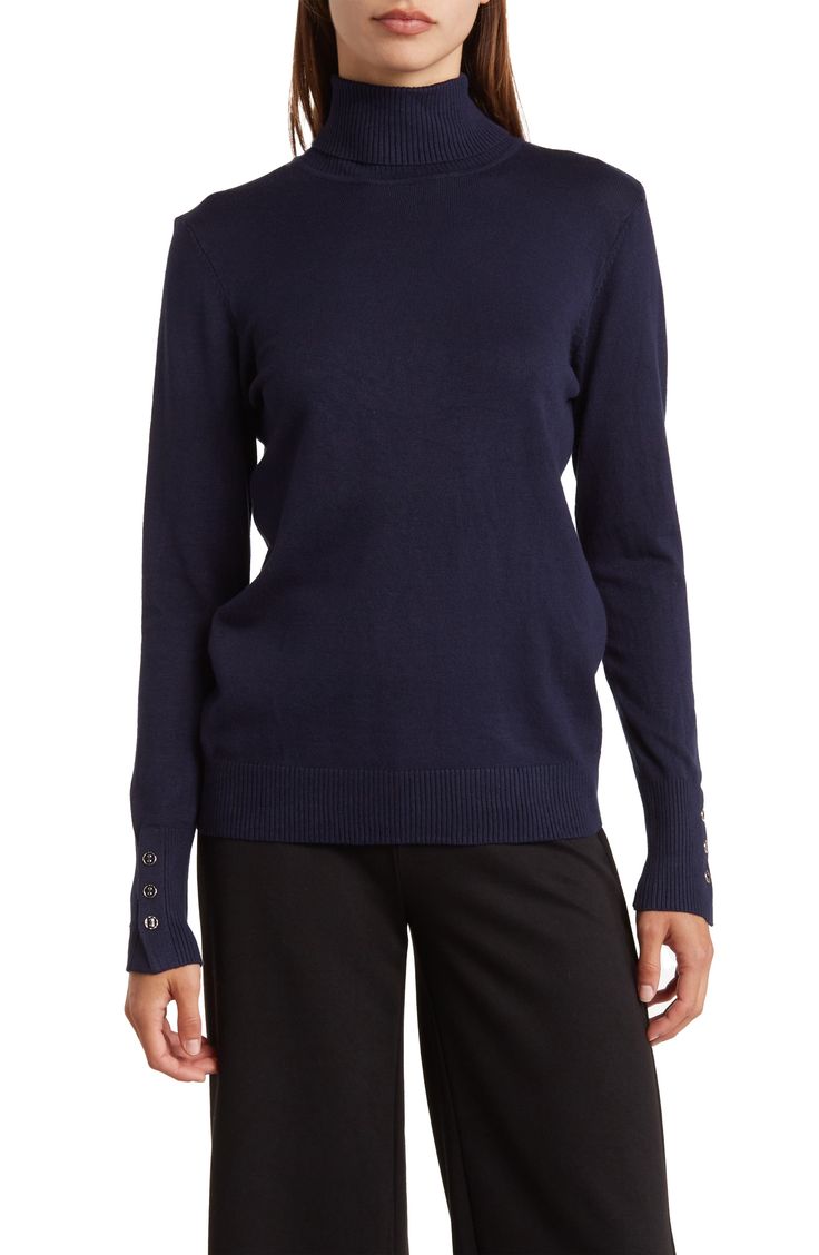 Womens Joseph A Button Cuff Long Sleeve Turtleneck in Navy