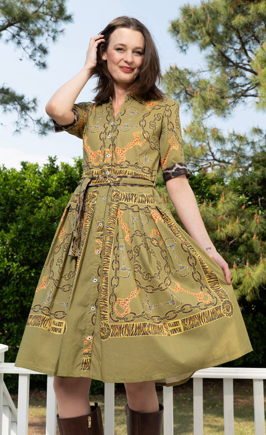 Womens Dizzy Lizzie Mrs Maisel Dress in Green Belt Print