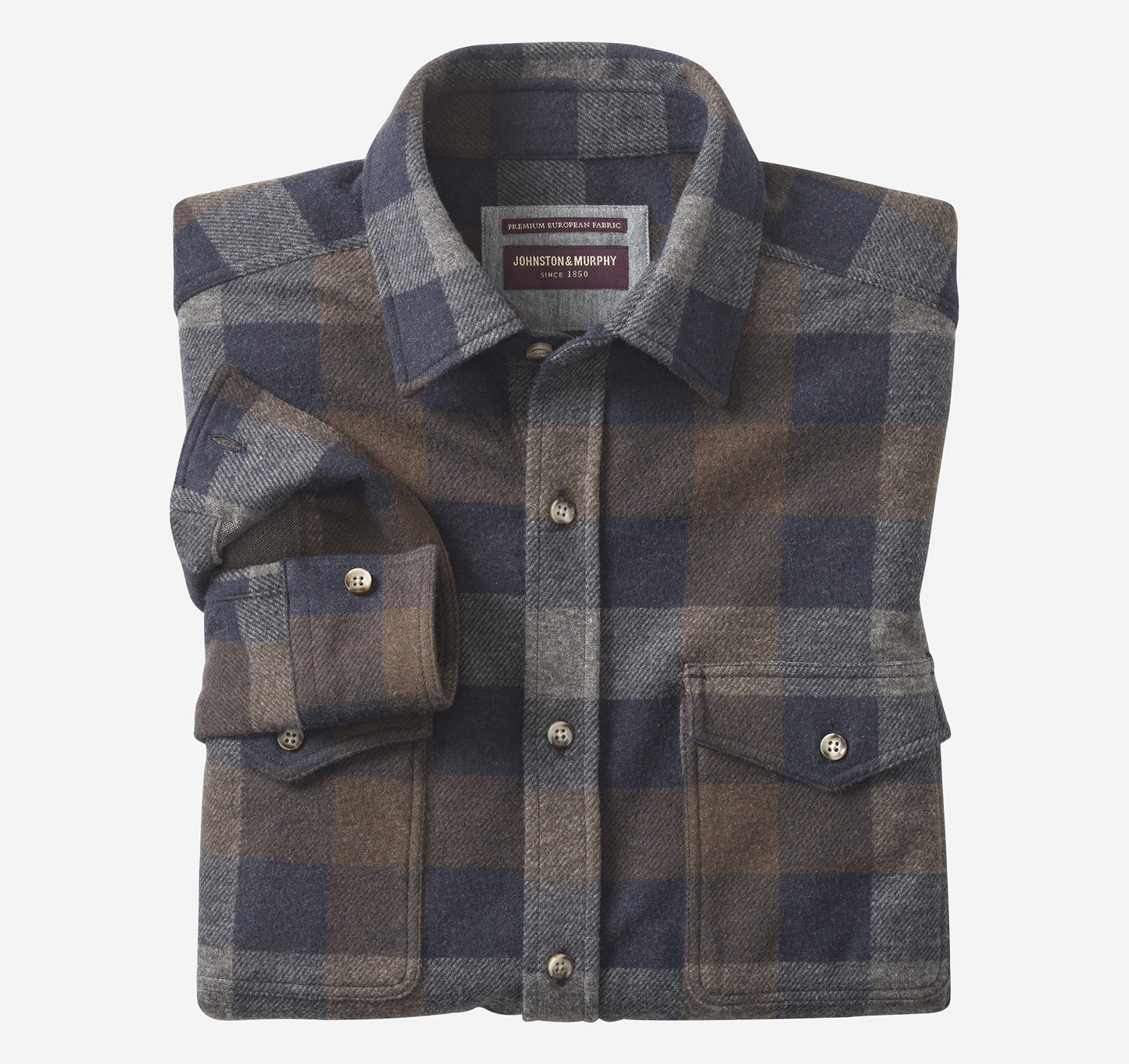 Johnston & Murphy Brushed Button Front Flannel Shirt in Navy/Brown Large Plaid