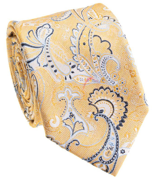 Pacific Silk 100% Silk Necktie in Yellow Paisley Pattern
