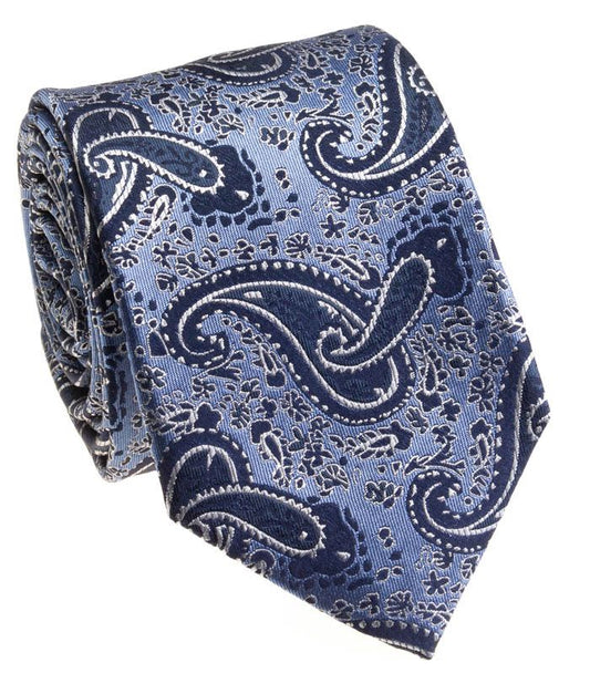 Pacific Silk 100% Silk Necktie in Navy/Light Blue Paisley Pattern