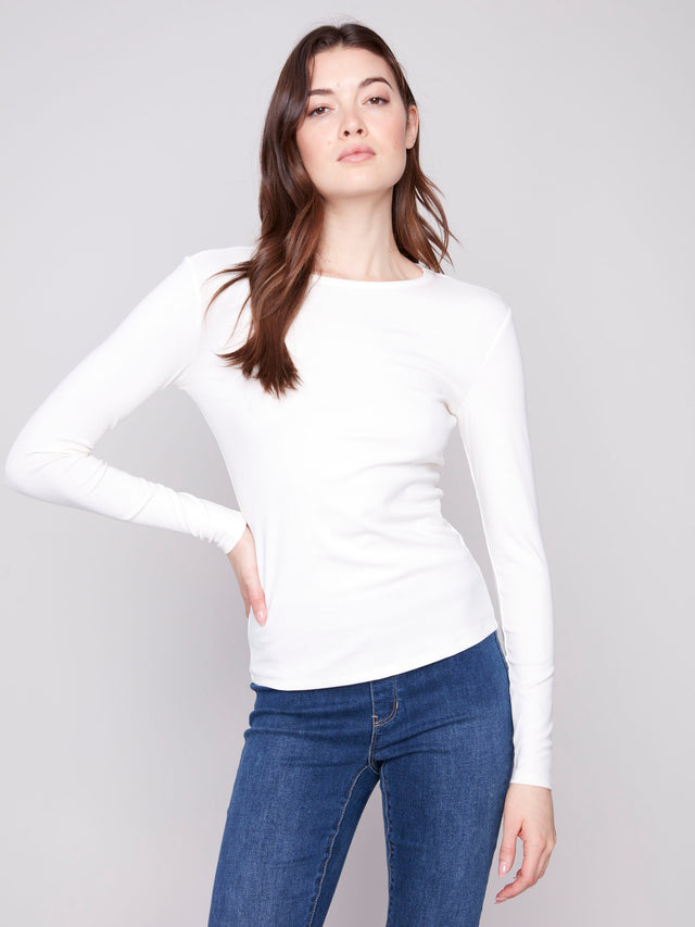Womens Charlie B Cotton Blend Long Sleeve Crew Neck Top in Ecru