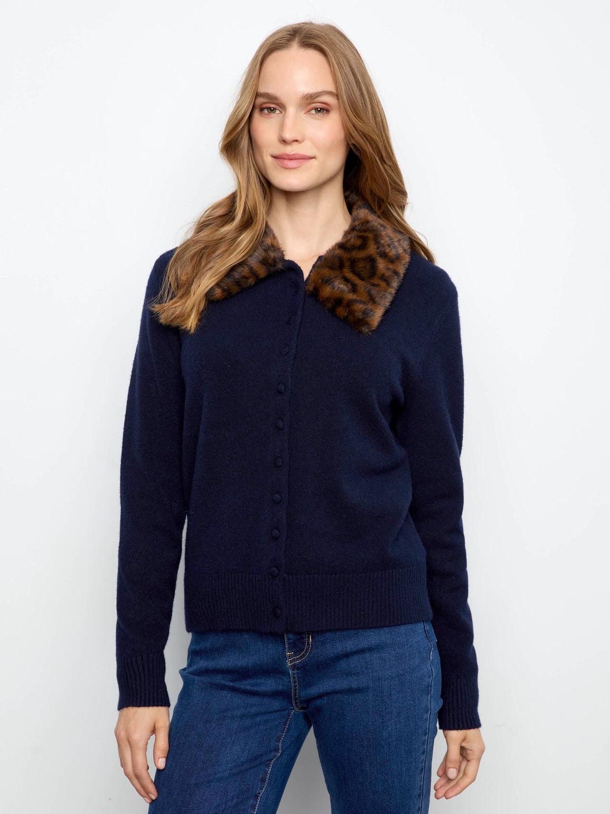 Womens Charlie B Fur Collared Cardigan in Navy
