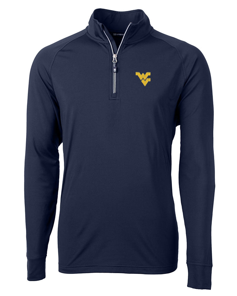 WVU Cutter & Buck Adapt Eco Knit Stretch Quarter Zip Pullover in Navy Blue