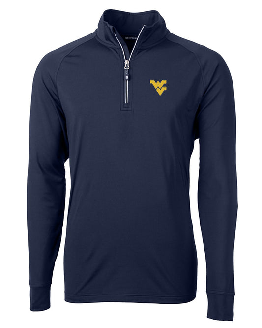 WVU Cutter & Buck Adapt Eco Knit Stretch Quarter Zip Pullover in Navy Blue