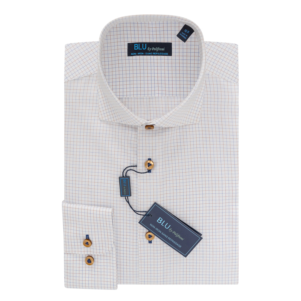 BLU Prato 100% Cotton Dress Shirt in Beige Check