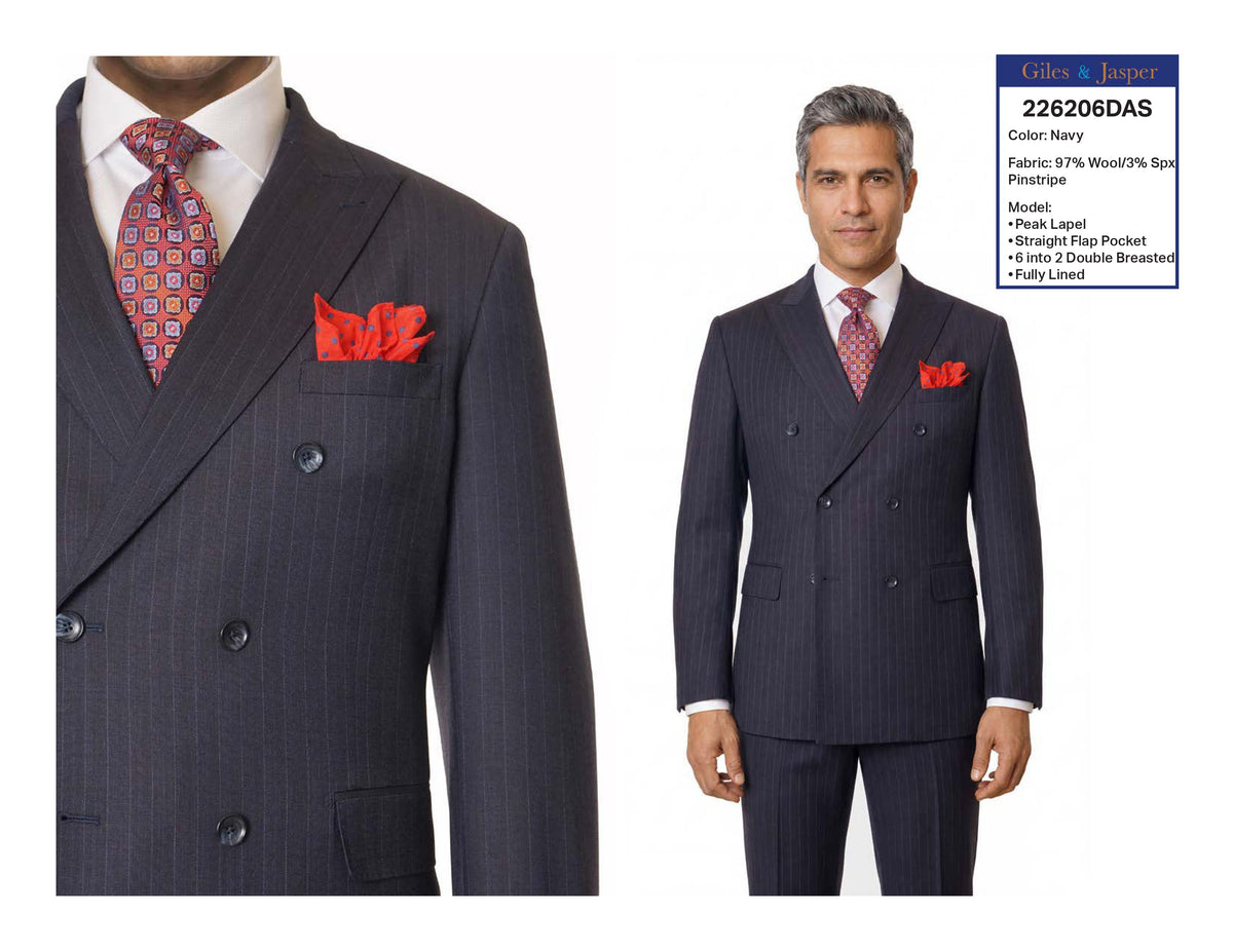 Giles & Jasper Super 120's wool Double Breasted Suit in Navy Stripe