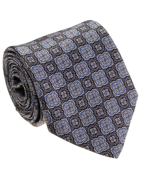Geoff Nicholson Silk Necktie in Charcoal Blue Clip Pattern