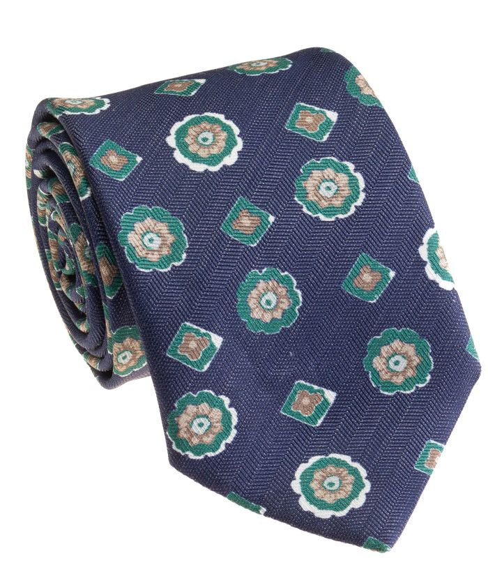 Geoff Nicholson Silk/Linen Necktie in Navy/Green Clip
