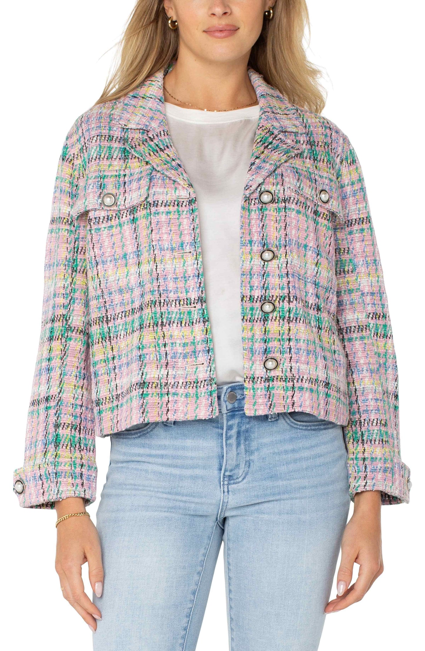 Womens Liverpool Button Front Boxy Shacket in Tea Rose Multi Plaid Boucle