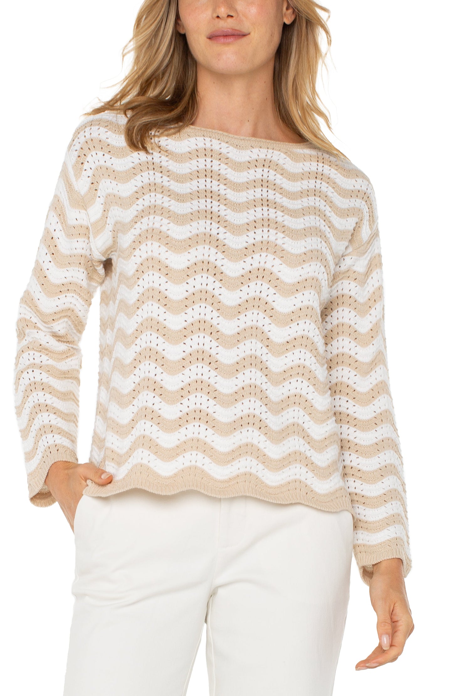 Womens Liverpool Long Sleeve Boatneck Sweater in Tan/Ivory Stripe