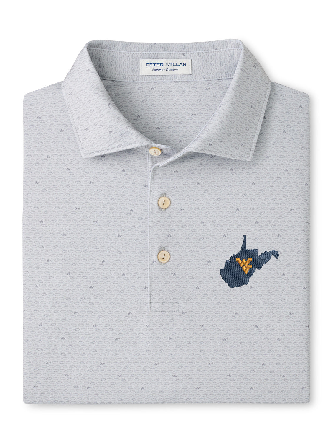 WVU Peter Millar On The Ball Performance Polo in British Grey-State Logo