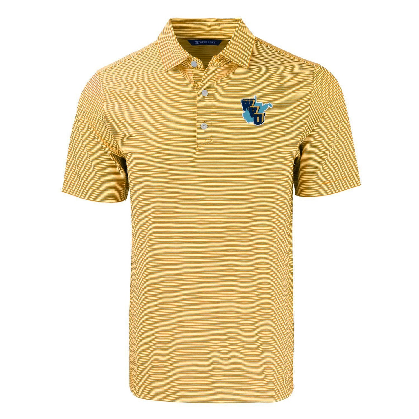 WVU Throwback Cutter & Buck Forge Eco Double Stripe Polo in College Gold/White