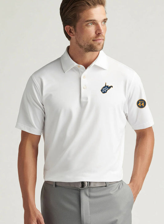 WVU Jerry West Peter Millar Solid Performance Polo with Sean Collar in White-State Script