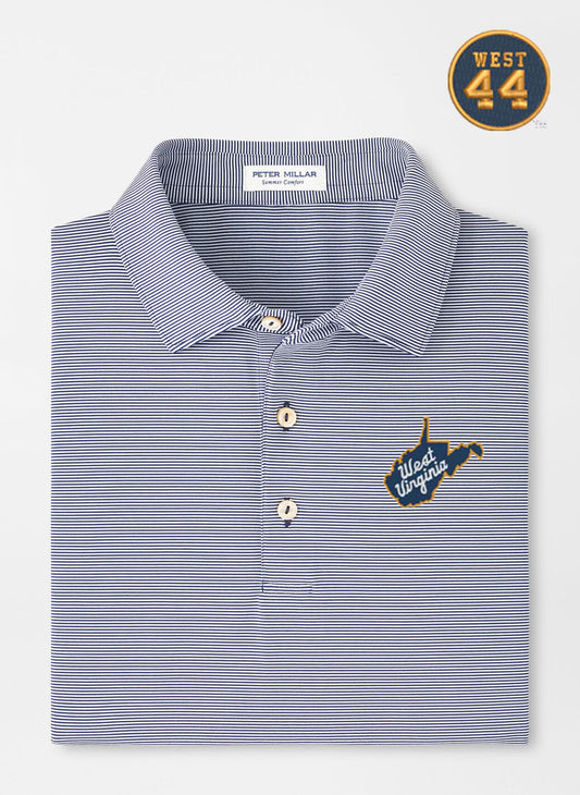 WVU Jerry West Peter Millar Jubilee Performance Polo with Sean Collar in Navy-State Script