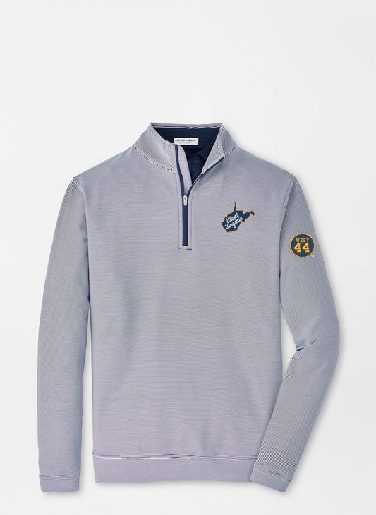WVU Jerry West Peter Millar Sugar Stripe Perth Quarter Zip in Navy/White-State Script