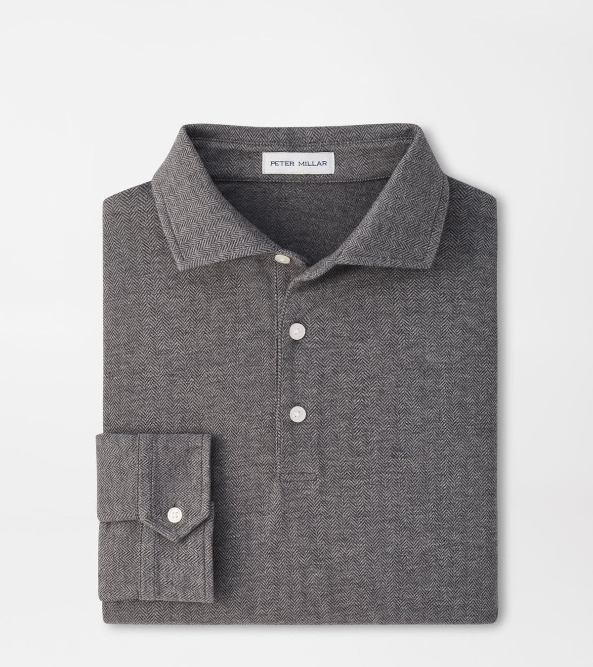 Peter Millar Herringbone Long Sleeve Polo in Charcoal