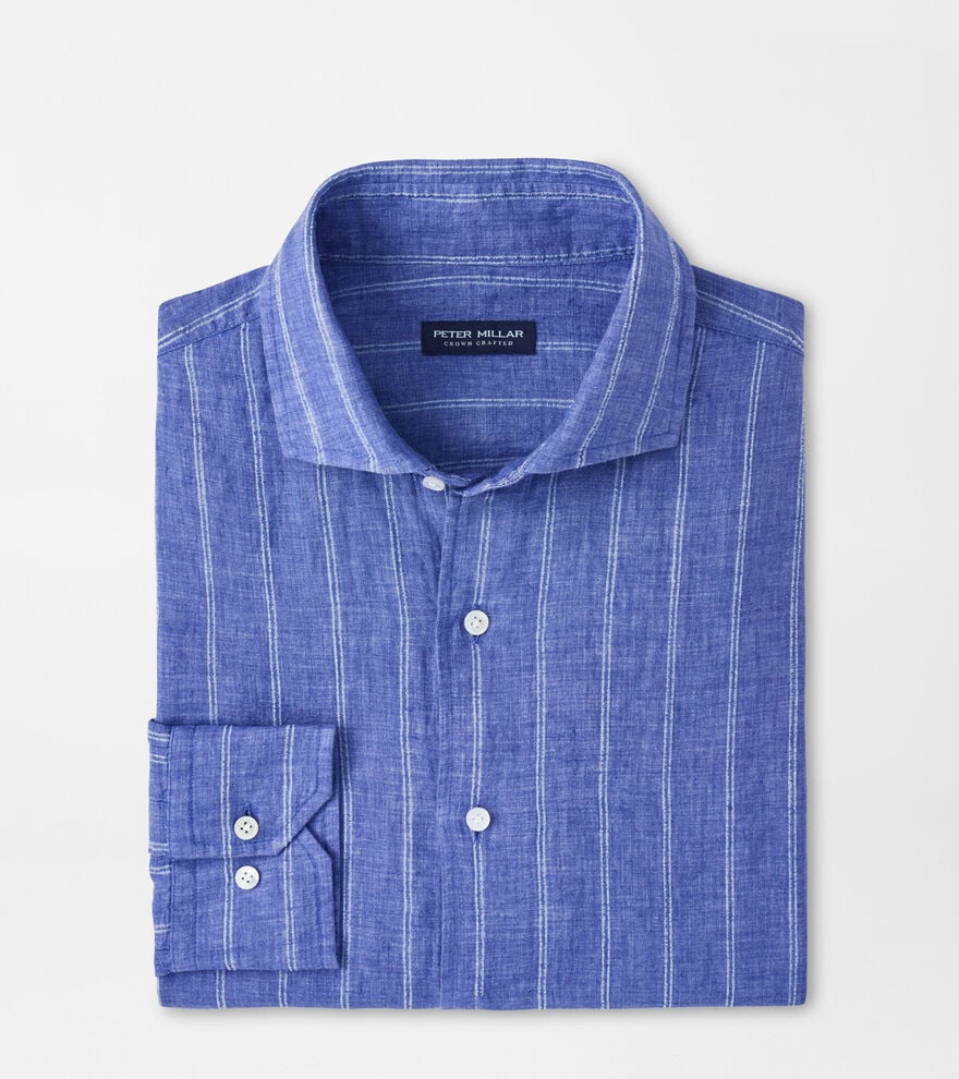 Peter Millar Astino Lino Pencil Stripe Sport Shirt in Dusk Blue
