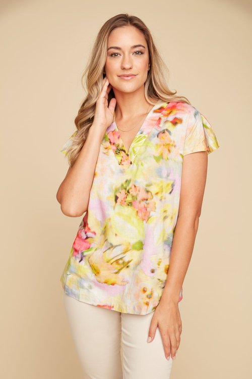 Womens Renuar Floral Combo Top in Lime