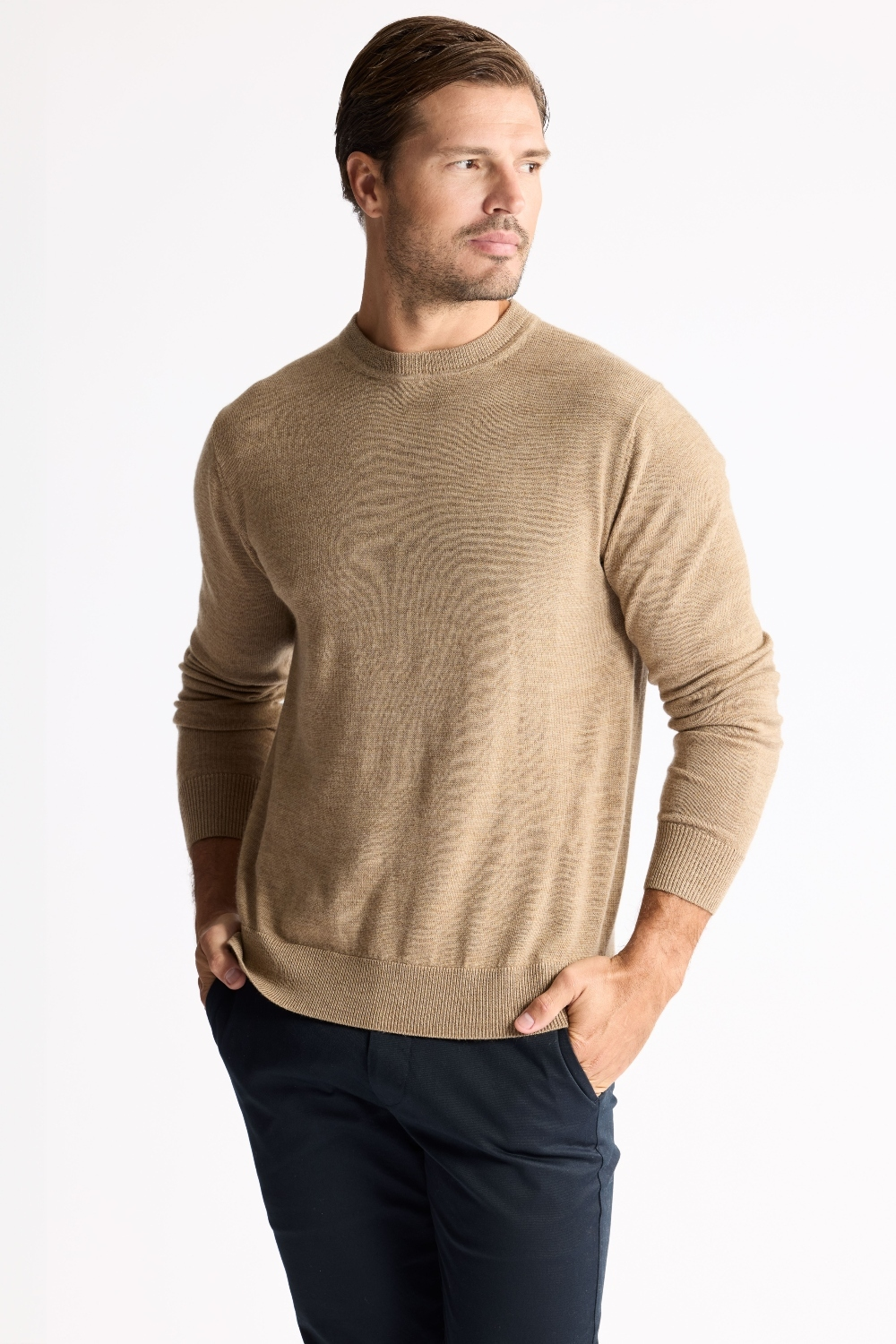 Raffi Alfie Merino Wool Crewneck Sweater in Camel
