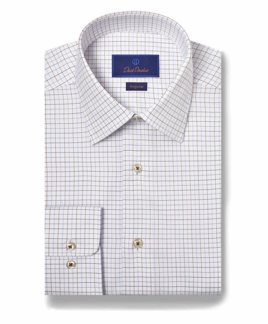 David Donahue Regular Fit Tattersall Check Dress Shirt in White/Dune