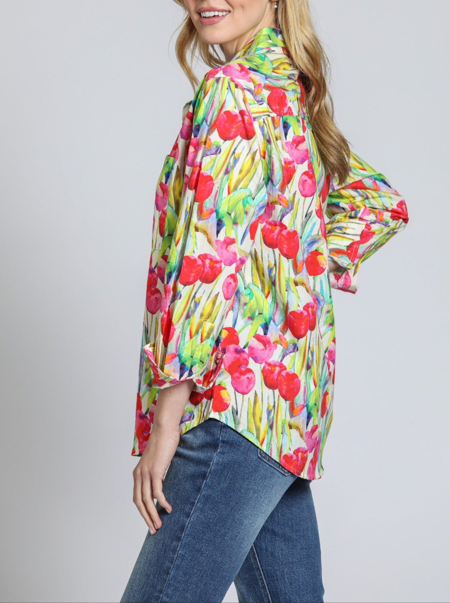 Womens APNY Button Up Blouse in Pink Multi