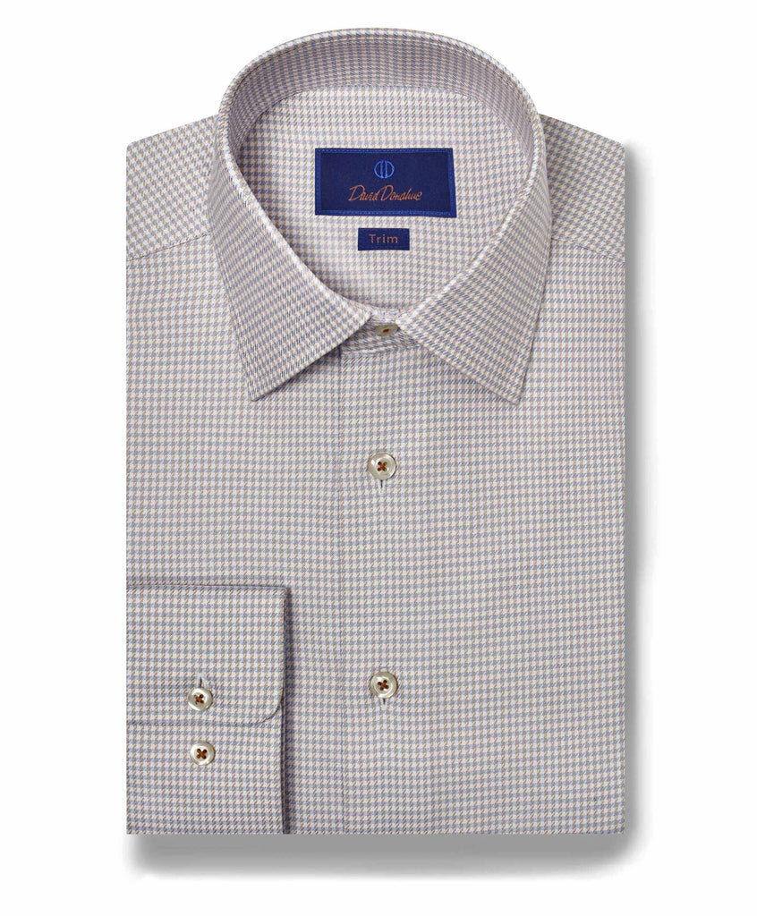 David Donahue Trim Fit Twill Check Dress Shirt in Sky/Dune
