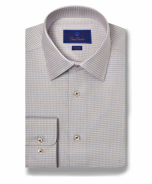 David Donahue Trim Fit Twill Check Dress Shirt in Sky/Dune