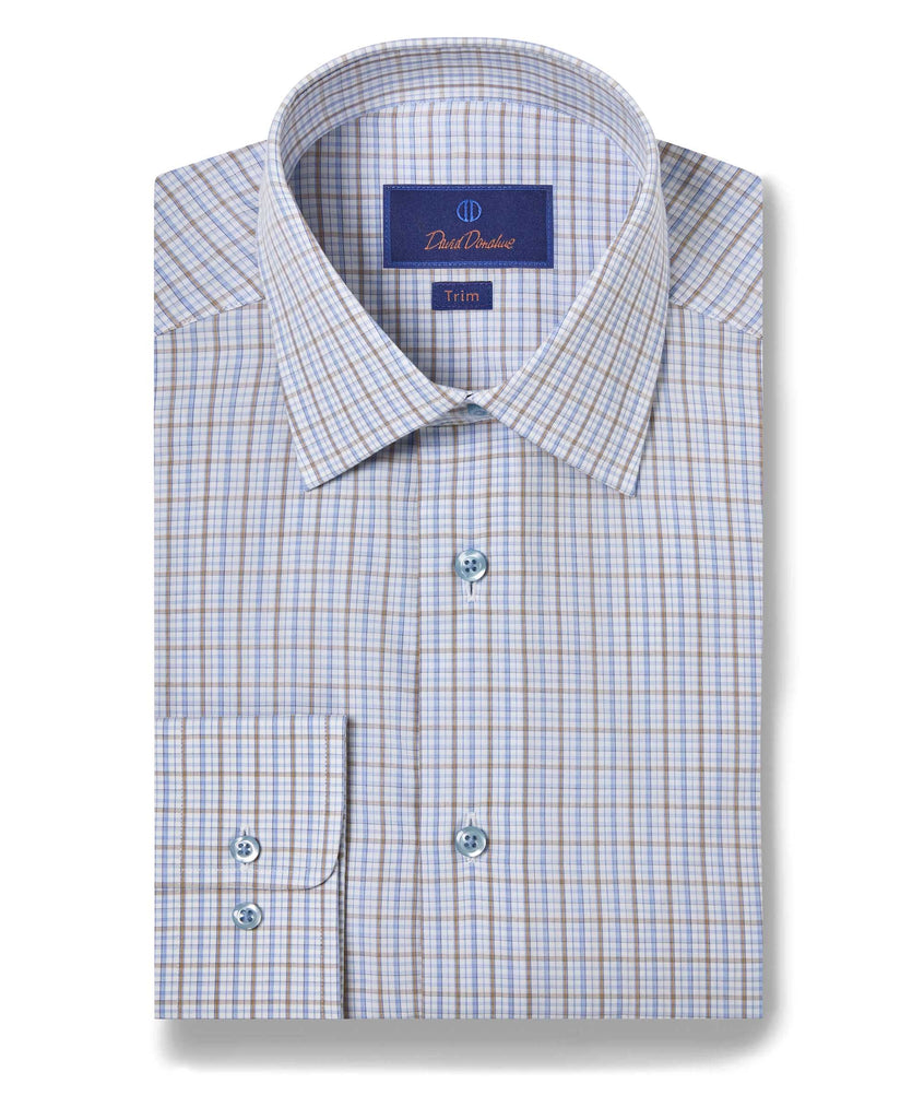 David Donahue Trim Fit Poplin Check Dress Shirt in Blue/Dune