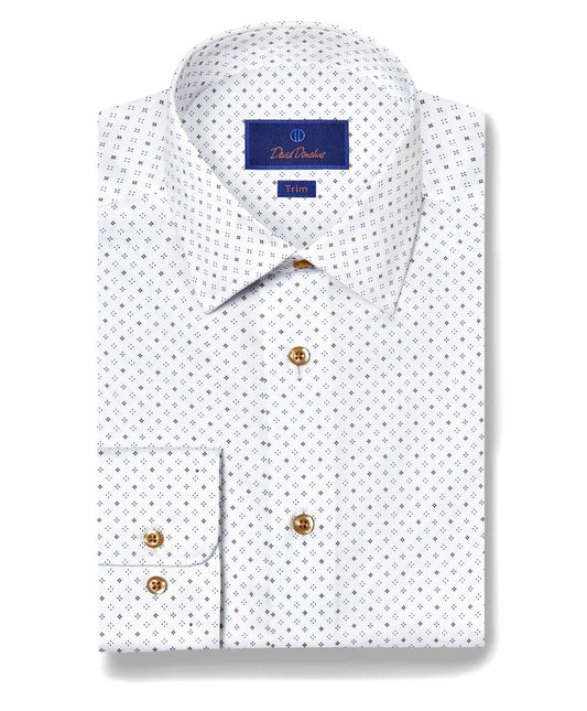 David Donahue Trim Fit Neat Dress Shirt in White/Chocolate